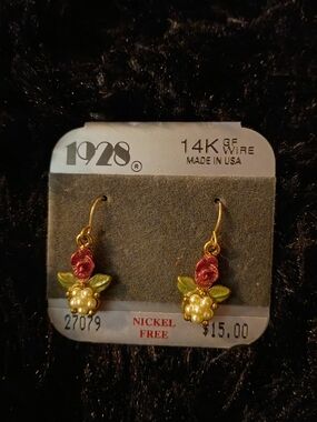 1928 Gold-Tone Red Flower, Green Leaf and Pearl Cluster Earrings